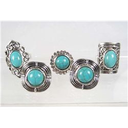 515 - LOT OF 5 TIBETAN SILVER TURQUOISE COLORED STONE RINGS