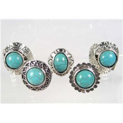 517 - LOT OF 5 TIBETAN SILVER TURQUOISE COLORED STONE RINGS