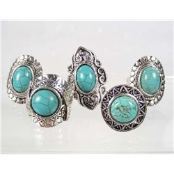 518 - LOT OF 5 TIBETAN SILVER TURQUOISE COLORED STONE RINGS