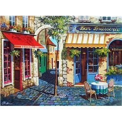 Anatoly Metlan, Café in Provence, Signed SS on Canvas