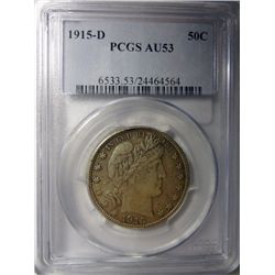 1915-D BARBER HALF DOLLAR PCGS AU53, NICE COIN  EST. $385-$410
