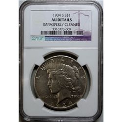 1934-S PEACE DOLLAR NGC AU DETAILS CLEANED