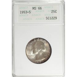 1953-S WASHINGTON QUARTER ANACS MS 66