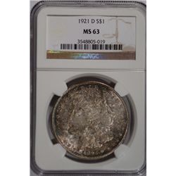 1921-D MORGAN DOLLAR NGC MS 63 OBV COLORS!