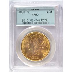 1891-S $20 GOLD LIBERTY PCGS MS-62 OLD GREEN HOLDER, BETTER DATE