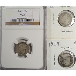 1921  Mercury dime NGC03-1829 dime good dmg-1877CC dime good  est  $75--$85.00