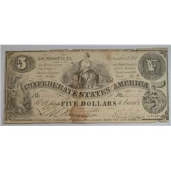 3rd issue  $5 Confederate States of  America note  VG/F pinholed  est $40-$50