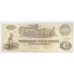 1862  $100 Confederate currency  SCARCE NOTE lite pinholes  XF/AU  est$175-$200