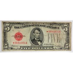 1928C red seal $5 US note  STAR NOTE  VERY SCARCE  Fine