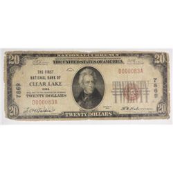 1929  $20 National Currency  First National Bank Clear Lake IA  G/VG