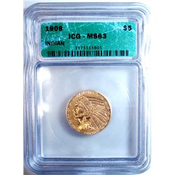 1908 $5 INDIAN GOLD COIN ICG MS-63