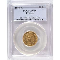 1856-A FRANCE 20 FRANK PCGS AU-50