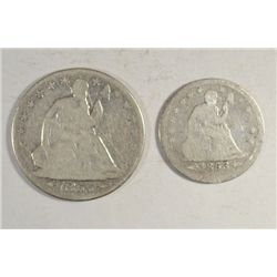 With arrows at date type coins 1853O A/RYS quarter and 1855O half $ G/VG