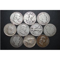 US Silver Half Dollars $5 Face Value; Various Dates, Conditions & Mint Marks; Lot of 10; EST. $125-1