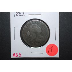 1802 US Drapped Bust One Cent; AG3; EST. $35-60