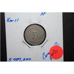 1909-A German 5 Pfennig Foreign Coin; XF; EST. $10-20