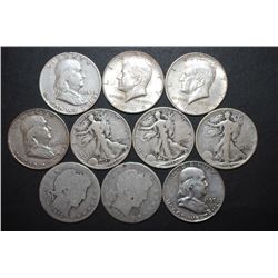 US Silver Half Dollars $5 Face Value; Various Dates, Conditions & Mint Marks; Lot of 10; EST. $125-1