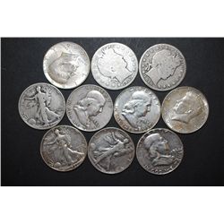 US Silver Half Dollars $5 Face Value; Various Dates, Conditions & Mint Marks; Lot of 10; EST. $125-1