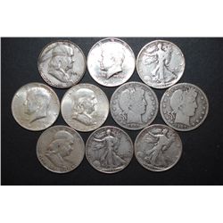 US Silver Half Dollars $5 Face Value; Various Dates, Conditions & Mint Marks; Lot of 10; EST. $125-1