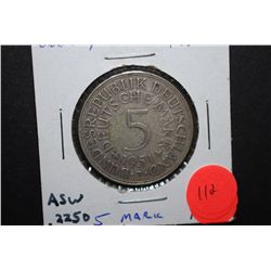 1951-J German 5 Deutsche Mark Foreign Coin; .2250 ASW; EST. $10-25