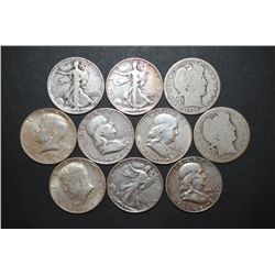 US Silver Half Dollars $5 Face Value; Various Dates, Conditions & Mint Marks; Lot of 10; EST. $125-1