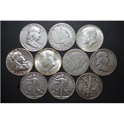 US Silver Half Dollars $5 Face Value; Various Dates, Conditions & Mint Marks; Lot of 10; EST. $125-1