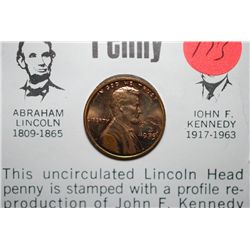 1973 US Lincoln Penny With Kennedy Profile Imprinted On Obv & History; UNC; EST. $5-10