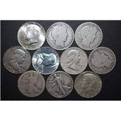 US Silver Half Dollars $5 Face Value; Various Dates, Conditions & Mint Marks; Lot of 10; EST. $125-1