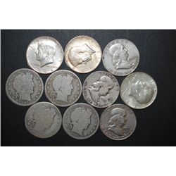 US Silver Half Dollars $5 Face Value; Various Dates, Conditions & Mint Marks; Lot of 10; EST. $125-1