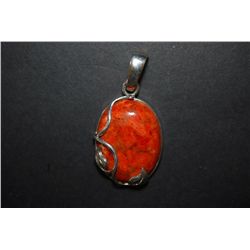 Sterling Silver Charm & Loop With Red Marbled Gemstone With Leaf Design On Bezel; .925 Silver; EST. 