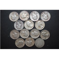 US Silver Quarters $3.50 Face Value; Various Dates, Conditions & Mint Marks; Lot of 14; EST. $90-110