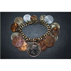 Foreign Coin Gold-Toned Charm Bracelet; Various Dates, Conditions & Denominations;  Lot of 15 Coins;