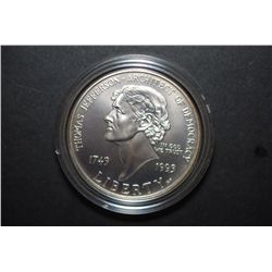 1993-P US Thomas Jefferson 250th Anniversary Commemorative $1 In Box; 90% Silver .76 Oz.; UNC; EST. 