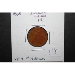 1868 US Indian Head One Cent; VF+ With Problems; EST. $125-170