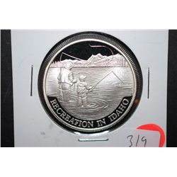 1990 Celebrate Idaho Centennial Silver Round; Recreation In Idaho; .999 Fine Idaho Silver 1 Oz.; EST