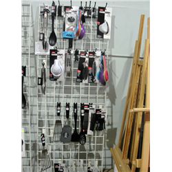 One white metal display rack filled with assorted
