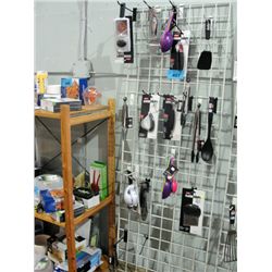 One white metal display rack filled with assorted