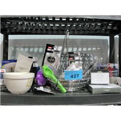 One shelf lot of new assorted kitchen tools and