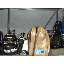 Shelf lot of assorted sporting equipement