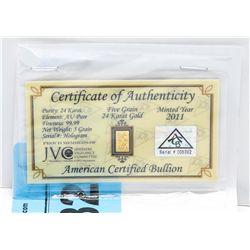 Certified .999 Gold Bullion bar