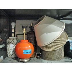 Shelf lot of 3 table lamps and 2 framed prints