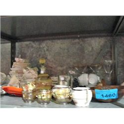 shelf lot of cups saucers, glasswares, decorative