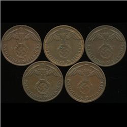 1939A/B/D/F/G Germany 1pf AU 5pcs (COI-9953)