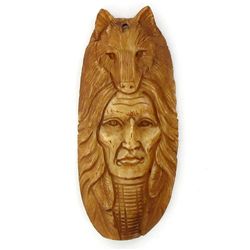 Carved Ox Bone Indian & Bear Pendant (JEW-3844)