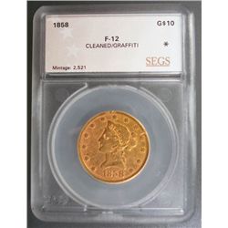 1858  $10 Gold Liberty SEGS 12 clnd/graffitti
