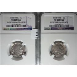 1913  T1 and T2 Buffalo nickels both   NGCAU cleaned
