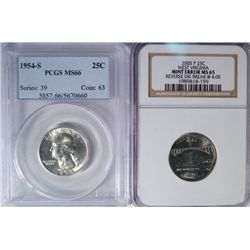 1954-S Washingtion Quarter PCGS MS66 and 2005-P Quarter West Virgina Mint Error