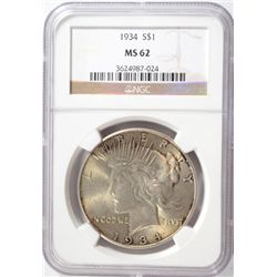 1934 PEACE DOLLAR NGC MS62 NICE!