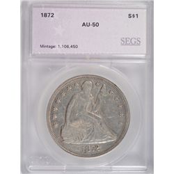 1872 SEATED LIBERTY SILVER DOLLAR AU