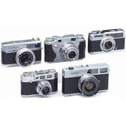 5 japanische Sucherkameras ("Konica", "Canon", "Minolta")